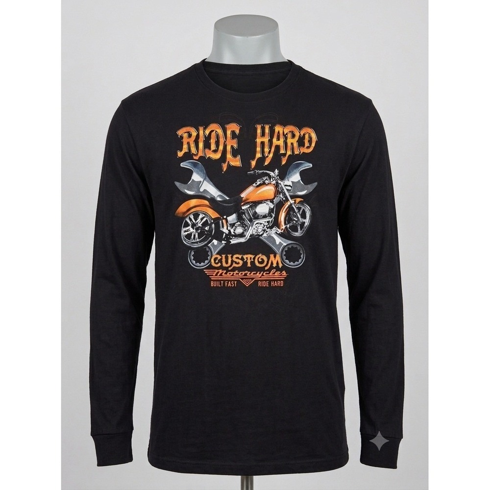 Ride Hard Custom Motorcycles Graphic Long Sleeve T-Shirt Black Mens Large L